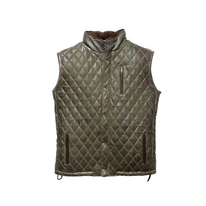 Gilet de motard matelassé en cuir d'olive pour hommes, fait à la main, col roulé de moto d'hiver, respirant, chauffant et sans manches, pour l'extérieur. - Product Image 1