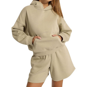 Vente en gros prêt à l'emploi Stock en vrac femmes coton polaire vierge demi-fermeture éclair à capuche et polaire ensemble court à vendre dans toutes les couleurs et tailles - Product Image 1