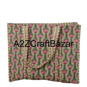 Bolsa de Compras de Algodón Hecha a Mano con Estampado de Bloques Indio, Bolsa de Mano para Mujer, Bolsa de Hombro Acolchada con Estampado de Bloques Hecha a Mano - Product Image 5