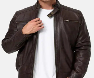 Veste en cuir véritable vintage pour homme, moto, motard, protection, 100% cuir de vache véritable, col montant, logo sur le devant - Product Image 4