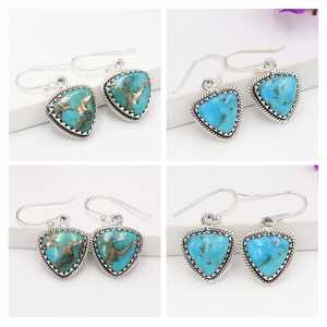 Superb Blue Copper Turquoise Gemstone Trillion Cabochon Vintage Baho Solid 925 Sterling <b>Silver</b> Plated <b>Dangle</b> Drop Womens <b>Earring</b> - Product Image 2