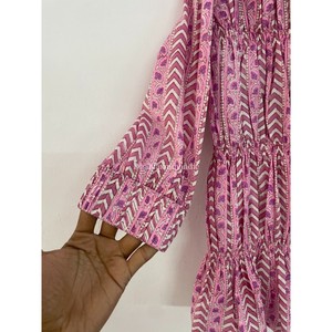 Femmes Style bohème été Mini robe 100% coton bloc rayure imprimé haut avec col en v à la main fête porter haut robe - Product Image 3