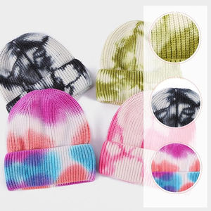 Venta al por mayor Tie Dye Knitted Beanie Sombreros Unisex Moda Invierno Cálido Streetwear Skull Cap Logotipo personalizado OEM a granel - Product Image 4