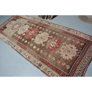 Alfombra turca vintage de área grande de 3,8x9,3 pies, material de lana beige marrón clásico, retales de látex para pasillo, alfombra rectangular para cabecera - Product Image 4