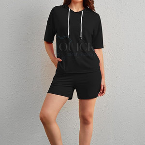 Women's Casual Solid <b>Knitting</b> Hoodie and Shorts <b>Set</b> 100% Cotton Custom Color High Quality Breathable - Product Image 6