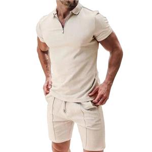Pantalones cortos de manga corta para hombre europeos y americanos, Camiseta de cuello suelto de color sólido gofre de verano, traje deportivo informal para hombre - Product Image 2