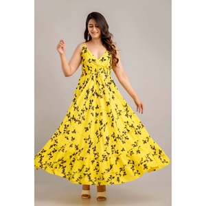 Vestido Largo SHKUP1362 Amarillo con Estampado Floral, Sin Mangas, Corte Evase, Transpirable, Cintura Natural, para Fiestas de Verano, Disponible en 2XL - Product Image 3