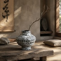 Vas Keramik Wabi-Sabi Buatan Tangan dengan Tampilan Antik, Guci Tembikar Bertekstur Hitam & Putih untuk Dekorasi Ruang Meditasi Zen