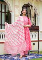 Ensemble Anarkali Kurta en coton rose brodé à motifs floraux pour femme, col 3/4, manches coordonnées, pantalon et dupatta, tenue formelle d'été