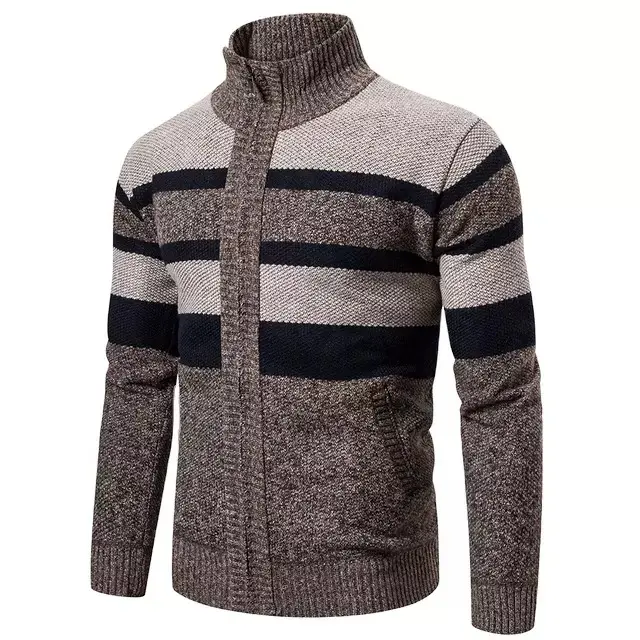 2022 Top Trending Winter Men Clothing Cardigan Men's Sweater Zipper Knitwear Striped Knitted Top Long Sleeve Casual Slim
