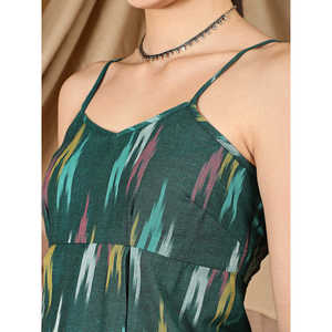 Haut à bretelles vert émeraude Boho avec imprimés Ikat plissés Detailing Flirty Peplum Hem Summer Breathable - Product Image 1