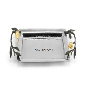 Miroir martelé poli forme Rectangle avec feuille de fleur deux poignées de couleur noire décoration de dessus de table plateau de service alimentaire à vendre - Product Image 1