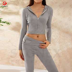 Ladies Cropped Two Piece Custom Logo Women Cotton Tracksuits Sweatpants Jogging Wear Zip Up Hoodie Joggers Set - Product Image 3