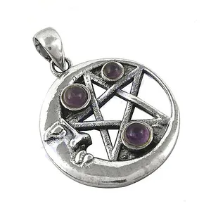 Pendentif Pentagramme en Argent Sterling avec Pierres d'Améthyste Serties en Bezel, Charme Religieux Unisexe pour Usage Quotidien - Product Image 1