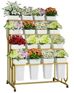현대적인 디자인 꽃 디스플레이 랙 분말 코팅 금속 식물 버킷 화이트 4 륜 장식 금속 화분 스탠드
