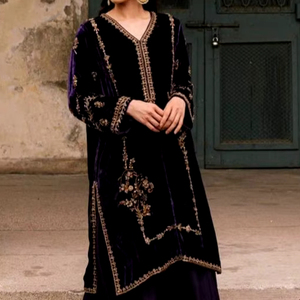 NUEVO-DESLIZANTE-BORDADO EN VESTIDO DE KURTA Y PLAZO MORADO OSCURO CON DABKA EMBELLECIDA, PERLAS, TRABAJO DE PIEDRA para FIESTA/BODA = 2024 - Product Image 1