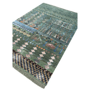 Tapis en laine et soie de bambou noué à la main Freedom Manchaha Green, motif géométrique pour usage domestique - Les-8315 - Product Image 2