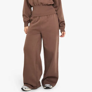 Joggers surdimensionnés à jambes larges marron pour femmes, tissu doux en molleton éponge, pantalons de survêtement 100% coton pour femmes, pantalons pour femmes - Product Image 1
