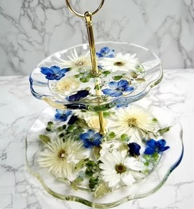 Luxury White Resin Cake Stand with Blue Floral and <b>Butterfly</b> Artwork Unique Dessert Display for Events and Home Decor From India - Product Image 1