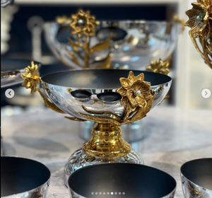 Silver Gold Metal Serving Trays And <b>Tier</b> <b>Stands</b> And Bowls Dishes With Floral Pattern Made of Stainless Steel And Brass Indian - Product Image 4