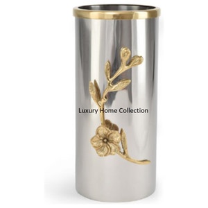 Long Size Decorative Vases Silver Color Made of Stainless Steel <b>Mirror</b> Polished and Brass Leaf Shape Equipment <b>Tabletop</b> Vases - Product Image 1