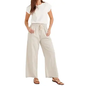 Superlative Quality Best Comfortable Plain Color Full Length Pants Summer Wear Breathable Women Cotton Linen Pants for Sale