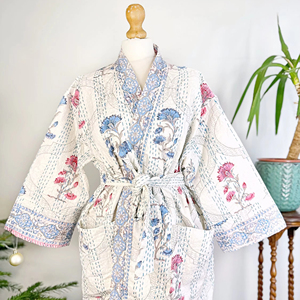 Alta calidad diseñador Kantha algodón largo Reversible Kimono bata hecha a mano Eco-moda azul Rosa Blanco Floral Gardenia 6XL playa - Product Image 1