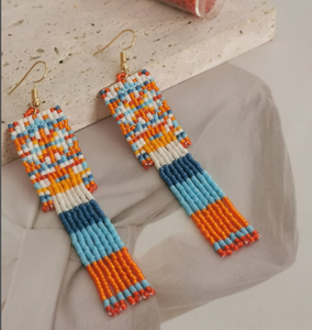 Long Statement <b>Dangle</b> <b>Earrings</b>, Handmade Rectangular Beadwork <b>Earrings</b> Fringe Tassel <b>Earrings</b> - <b>Gold</b> - Long - Product Image 2