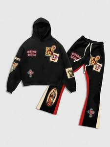 Ensemble de survêtements deux pièces en coton personnalisé unisexe, sweats à capuche à ourlet brut, pantalons de survêtement évasés empilés, impression bouffante 3D, hiver-femmes/hommes - Product Image 5