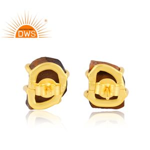 Venta caliente de plata esterlina 18K chapado en oro áspero amarillo Ojo de Tigre piedra preciosa Stud pendiente Demi joyería fina fabricante - Product Image 4