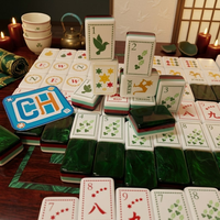 Ensemble de Mahjong de luxe vert émeraude avec dos marbré, côtés rayés et tuiles de jeu de Mahjong gravées avec des motifs botaniques