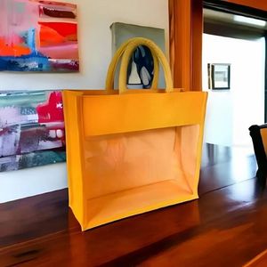 Sac fourre-tout en toile de jute avec fenêtre en PVC, écologique, personnalisable, impression publicitaire par transfert thermique, moyen format, usage quotidien, avec poignée - Product Image 1