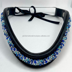 Bande de sourcil de cheval en cuir noir solide et durable de haute qualité, bande de sourcil rembourrée douce avec petits cristaux multicolores, strass bling - Product Image 4