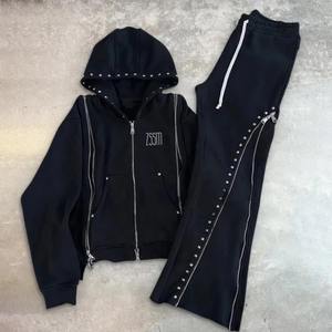 Custom Man Sweatsuit Rhinestone Rivet Tracksuit <b>Detachable</b> <b>Sleeve</b> Zip up Hoodie and Zip Flare Sweatpants Set Tracksuit 2025 - Product Image 1