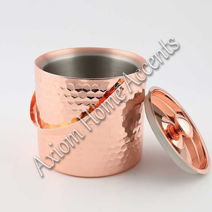 HANDCRAFTED POLISHED STAINLESS STEEL HAMMERED <b>ICE</b> <b>BUCKET</b> <b>WITH</b> <b>LID</b> and HANDLE for BAR and HOME USE by AXIOM HOME ACCENTS - Product Image 1