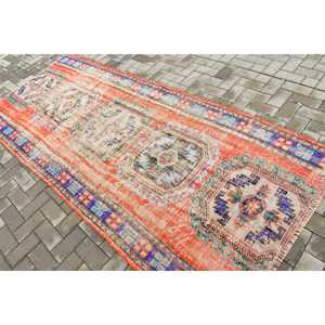 Vintage Turkish Rug 4x9.1 ft (121x276 cm), <b>Red</b> Bordered <b>Wool</b> Rug - Product Image 4