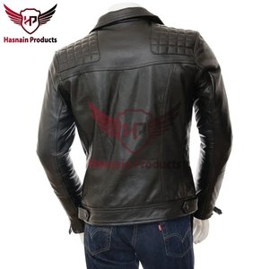 Veste de motard en cuir véritable noir pour homme, veste de moto matelassée aux épaules, fermeture éclair asymétrique, coupe ajustée - Product Image 4