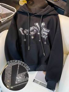 Strass noir femmes sweats à capuche strass personnalisés graphique pull polaire sweat à manches longues Streetwear coton haut d'hiver - Product Image 4