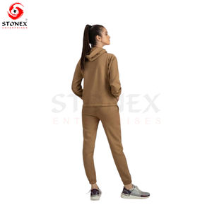 ชุดสองชิ้นสีพื้นของผู้หญิงกางเกงวอร์มขาบานจ็อกเกอร์มีฮู้ดตัวจ็อกเกอร์สีซีดจางสำหรับใส่ไปยิมใช้ในฤดูหนาว - Product Image 6