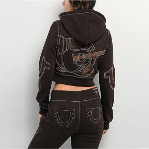 Survêtements pour femmes personnalisés, ensemble 2 pièces, 100% coton, sweat-shirt court vintage streetwear, sweat-shirt court à fermeture éclair et pantalon de survêtement évasé - Product Image 2