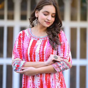Conjuntos de vestido Anarkali Kurti, ropa de fiesta lista para mujer, elegante y cómoda, diseñador de tela de rayón bordado y teñido con lazo, estampado - Product Image 1