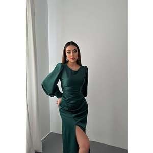 <b>Emerald</b> Side Gathered Slit Satin <b>Dress</b> - <b>Emerald</b> - Product Image 3