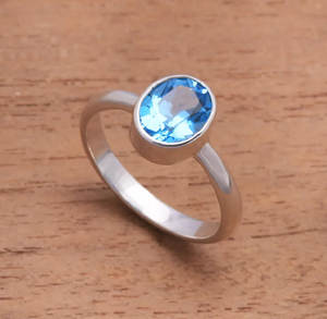 แหวนเงินแท้สีฟ้าพลอยโทแพซทรงไข่925สำหรับผู้หญิงเครื่องประดับหินวันเกิด - Product Image 2