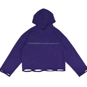 เสื้อฮู้ดดี้ผ้าเฟรนช์เทอร์รี่หนานุ่ม 420 แกรม สไตล์สตรีทแวร์ วินเทจ ขาดๆ แบบครอป ชายดิบ ลดราคาพิเศษ - Product Image 4