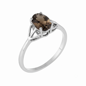 Rhaya Jewels Elegant Rhodium Plated 925 Sterling Silver Oval Cut Smoky Quartz Prong Setting <b>Dainty</b> Band Trendy Women's <b>Ring</b> - Product Image 3