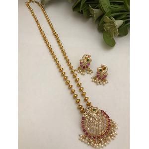 Conjunto de Collar y Aretes con Cadena Chapada en Oro de Primera Calidad, Estilo Polki, para Bodas, Colección para Mujer - Product Image 1