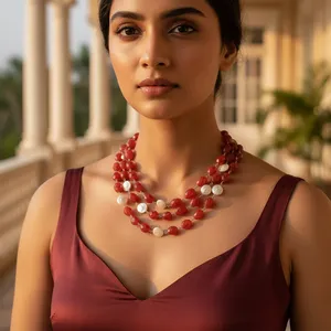Collier classique tendance en perles de cornaline rouge pour femmes, bijoux en pierres précieuses à 3 rangs avec rubis et perle d'eau douce, style religieux, cadeau - Product Image 2