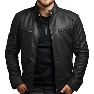 Nouvelle veste en cuir pour hommes col montant manteau de moto à manches longues Slim Vintage Blazer veste en polyuréthane pour hommes - Product Image 1