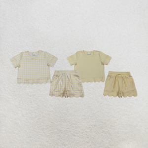 Conjuntos de Ropa para Bebés Niñas RTS, Camisas de Manga Corta a Cuadros Amarillos con Bolsillos y Pantalones Cortos con Volantes - Product Image 1