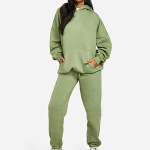 Ensemble long en deux pièces pour femme en coton molletonné rose, sweat-shirt ample à capuche et pantalon de jogging à jambes larges, motif uni brodé, décontracté - Product Image 4
